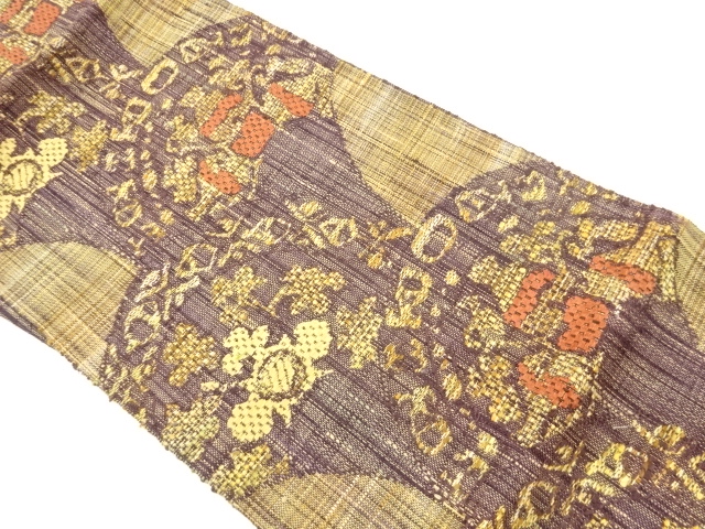 JAPANESE KIMONO / NAGOYA OBI / SILK / TSUMUGI / WOVEN ABSTRACT SEIGAIHA & ABSTRACT FLORAL CREST
